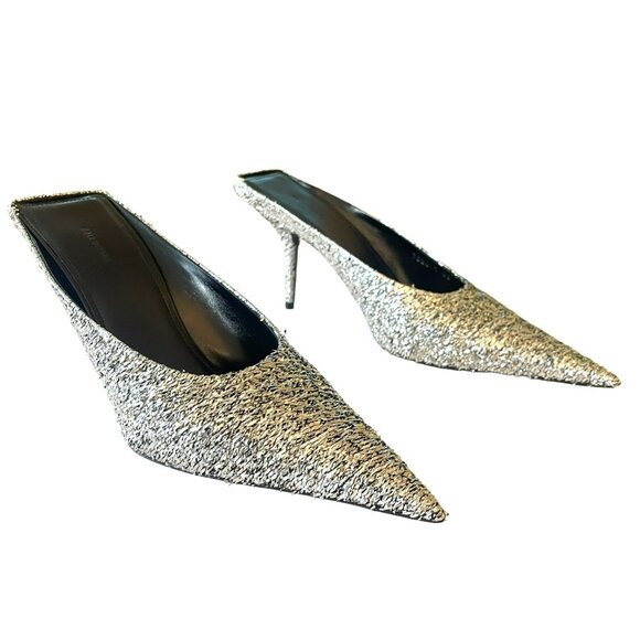 Balenciaga $975 Tinsel Knife Silver Metallic Mule Heels Sz 8 NEW - Picture 1 of 11